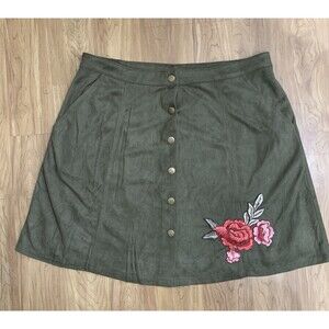 Olive Green Mini Skirt Womens L Snaps Embroidery Pockets READ